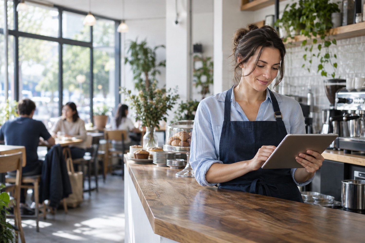 A café owner reviewing her business workspace at the counter