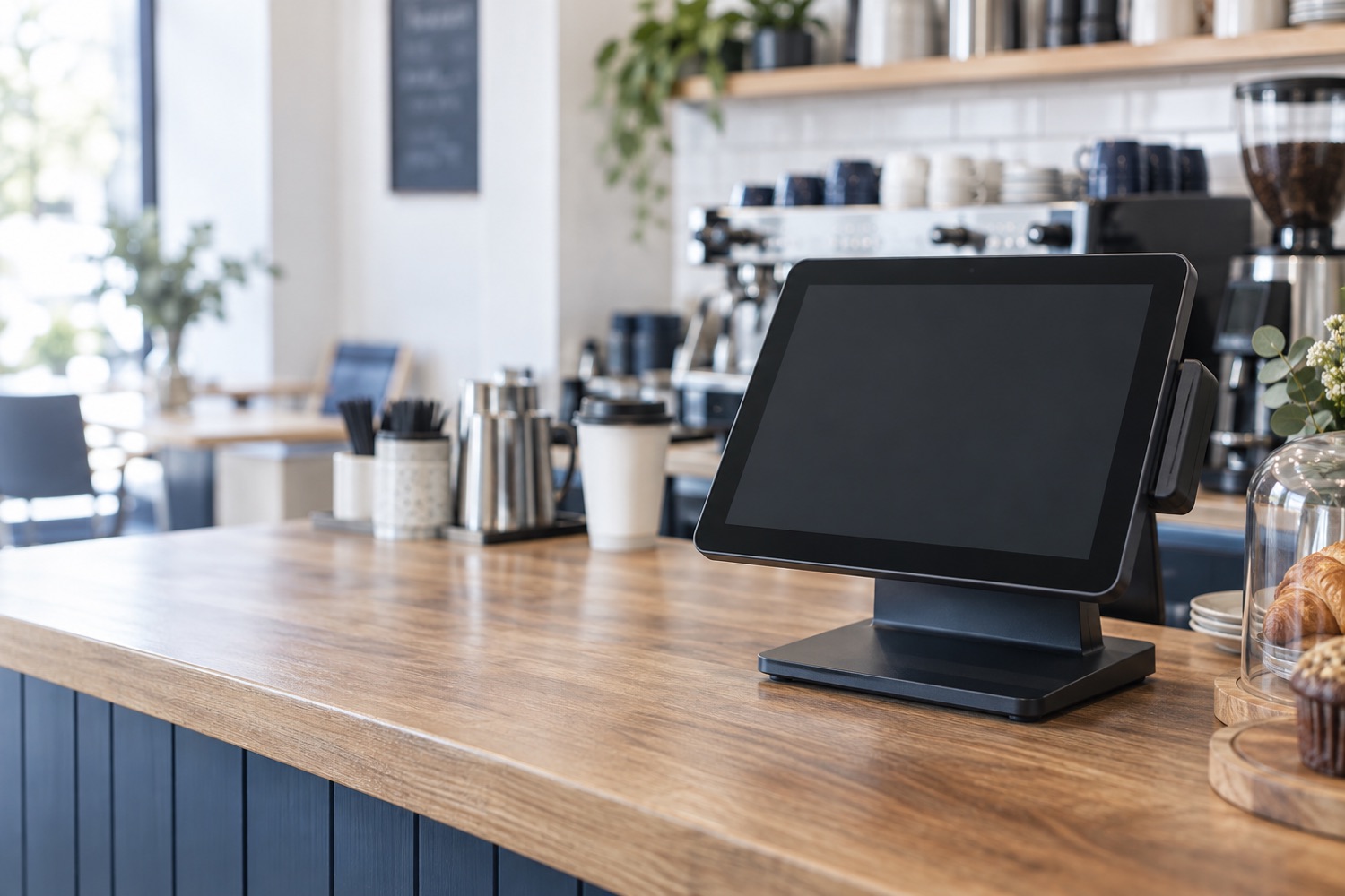 Touchscreen point-of-sale terminal at a neighborhood cafe counter